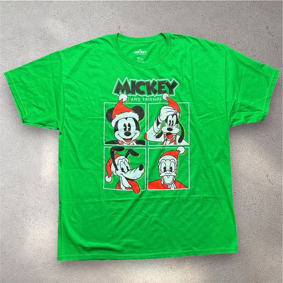 Disney Other - Disney Mickey and Friends Christmas Green Graphic T-Shirt Mens XL Santa Hat